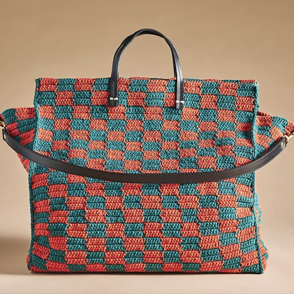 Clare V deep sea and blood orange Crochet Checkerboard Tote - Picture 6 of 10